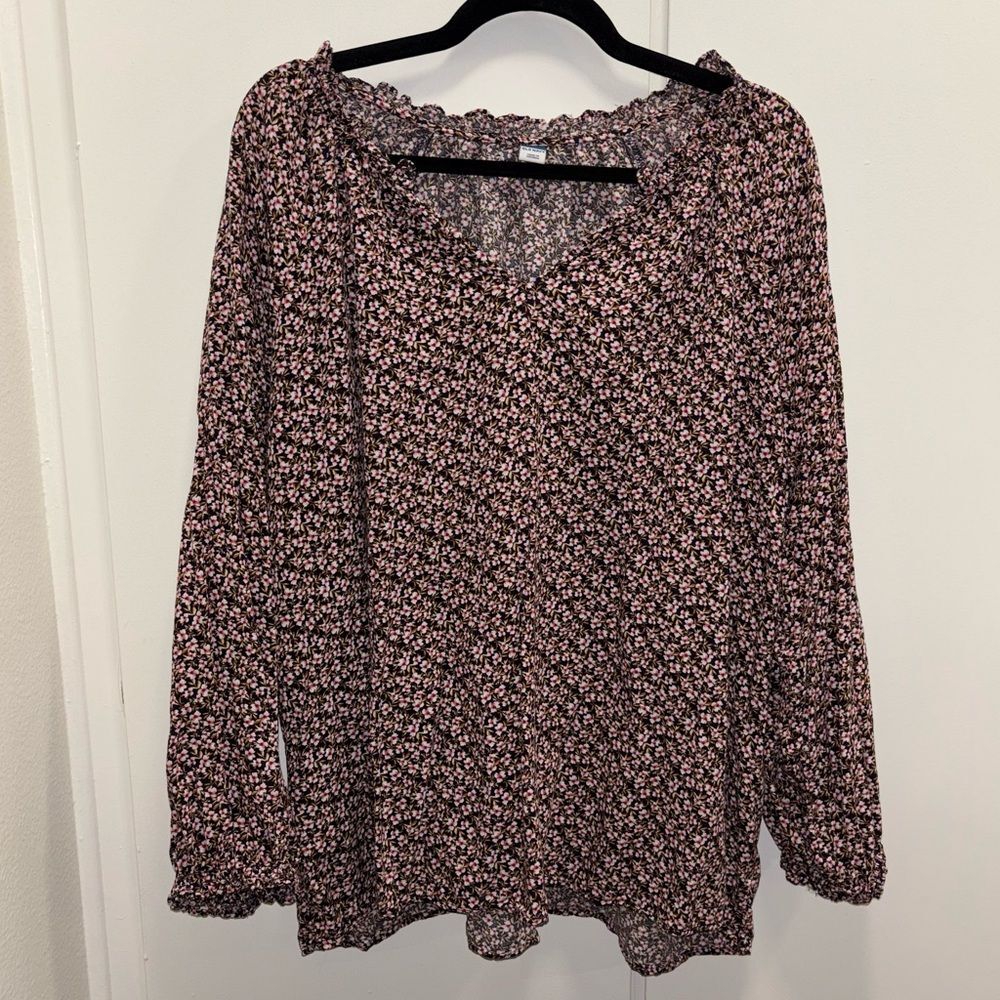 Old Navy Sz 3X Floral Split Neck Poet Blouse Navy Pink Long Sleeve Cottagecore